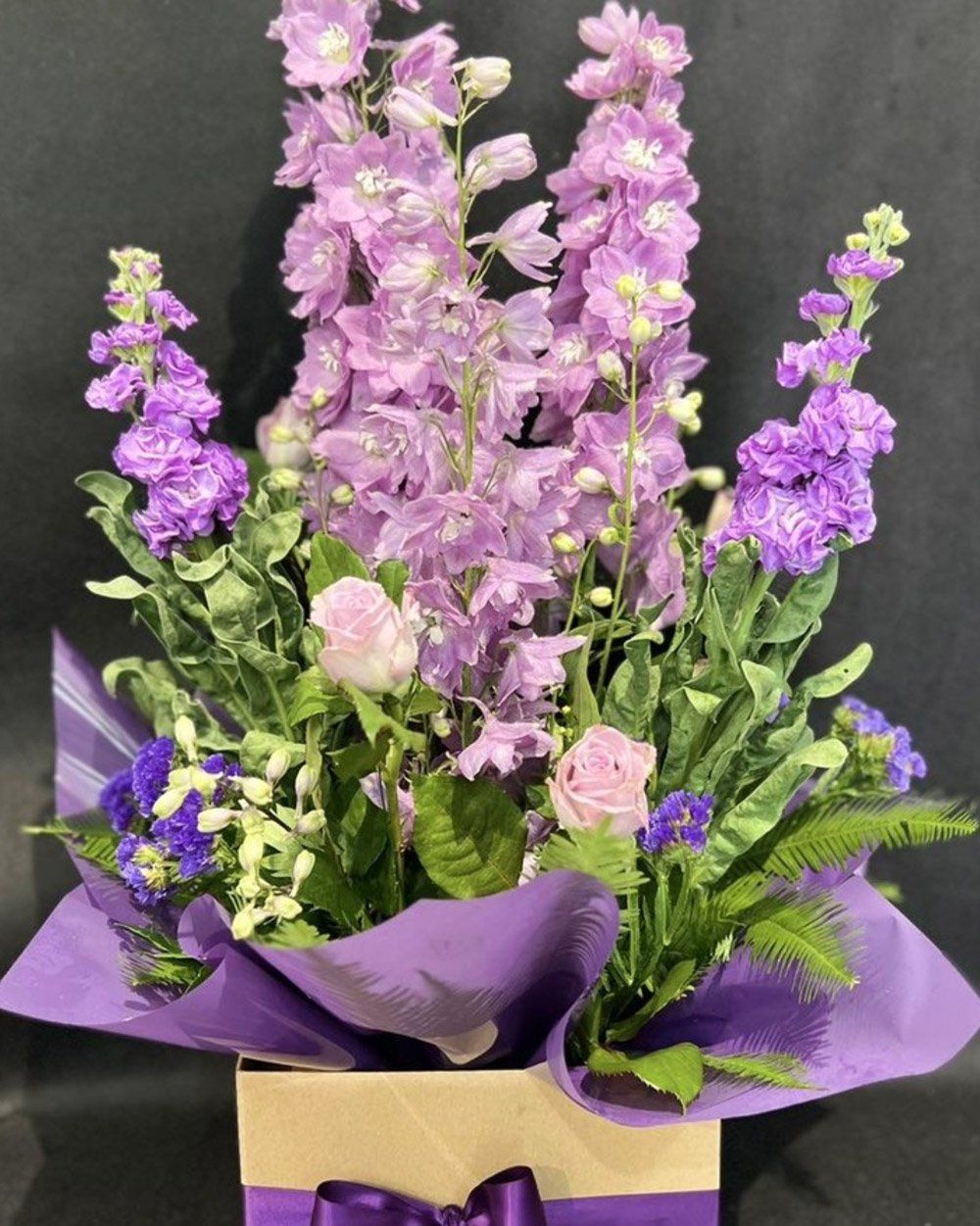 Purple Flower Bouquet in the Box — J'adore Flowers & Gifts Cairns In Earlville, QLD