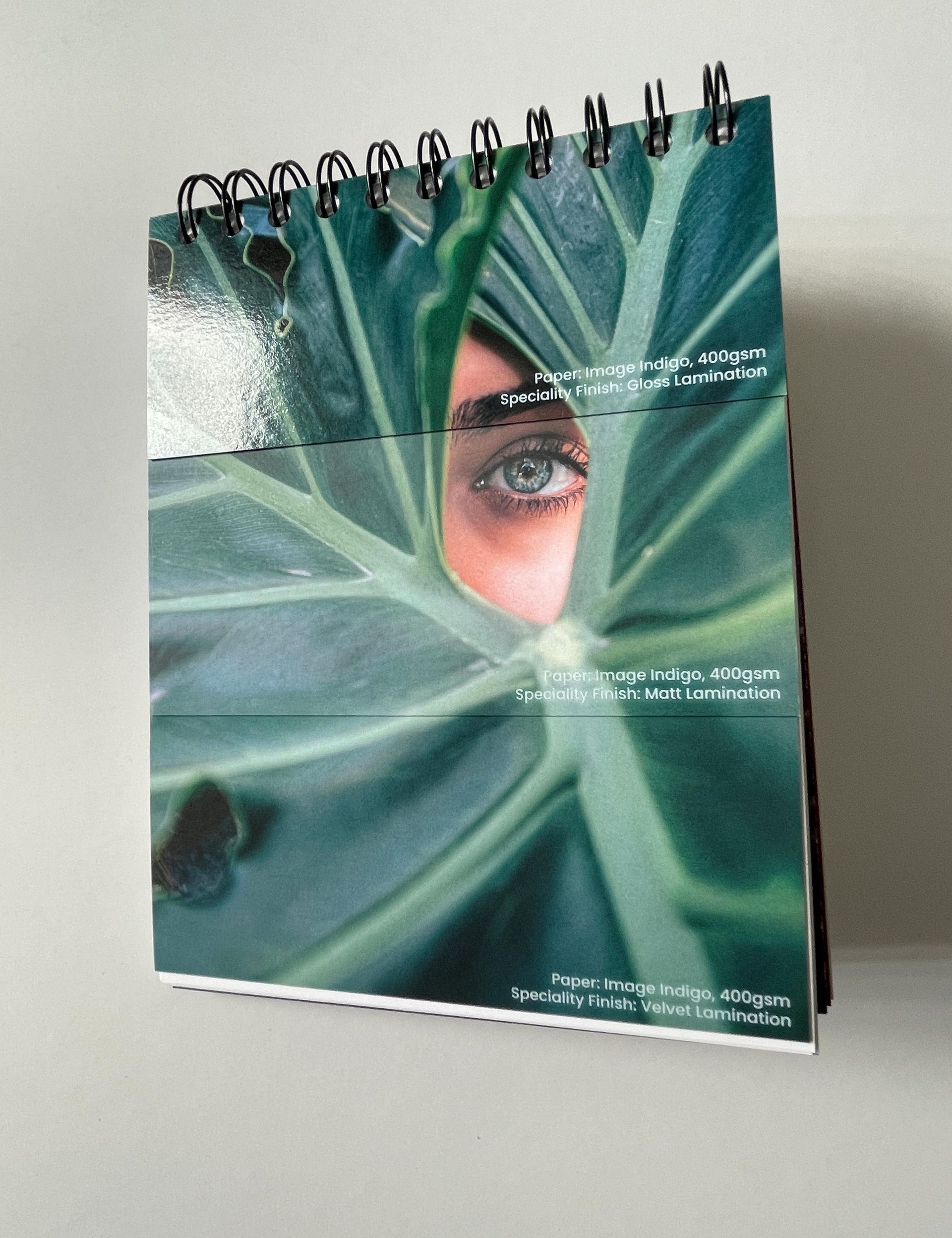 A small spiral-bound calendar featuring an eye peeking through a large green leaf.