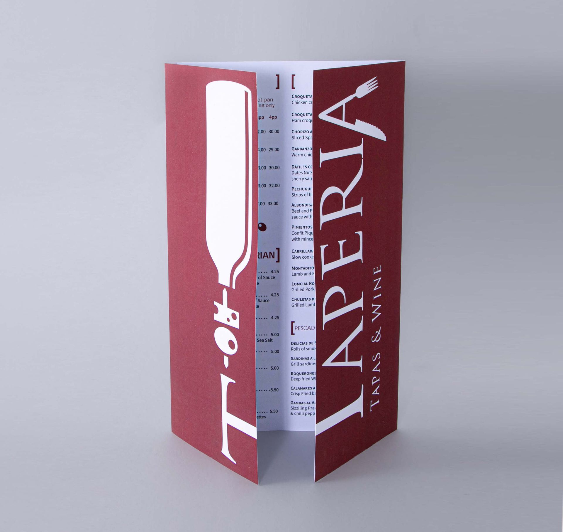 Tri-fold restaurant menu, red and white.