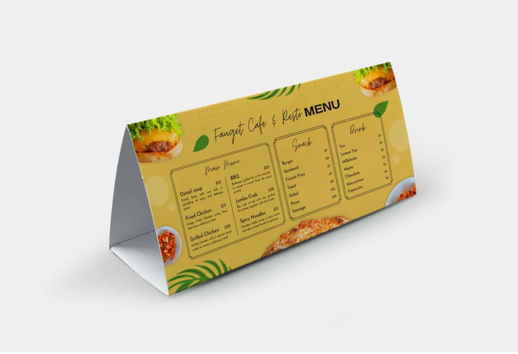 Tri-fold table menu with burger and food images; tan background; cafe menu.