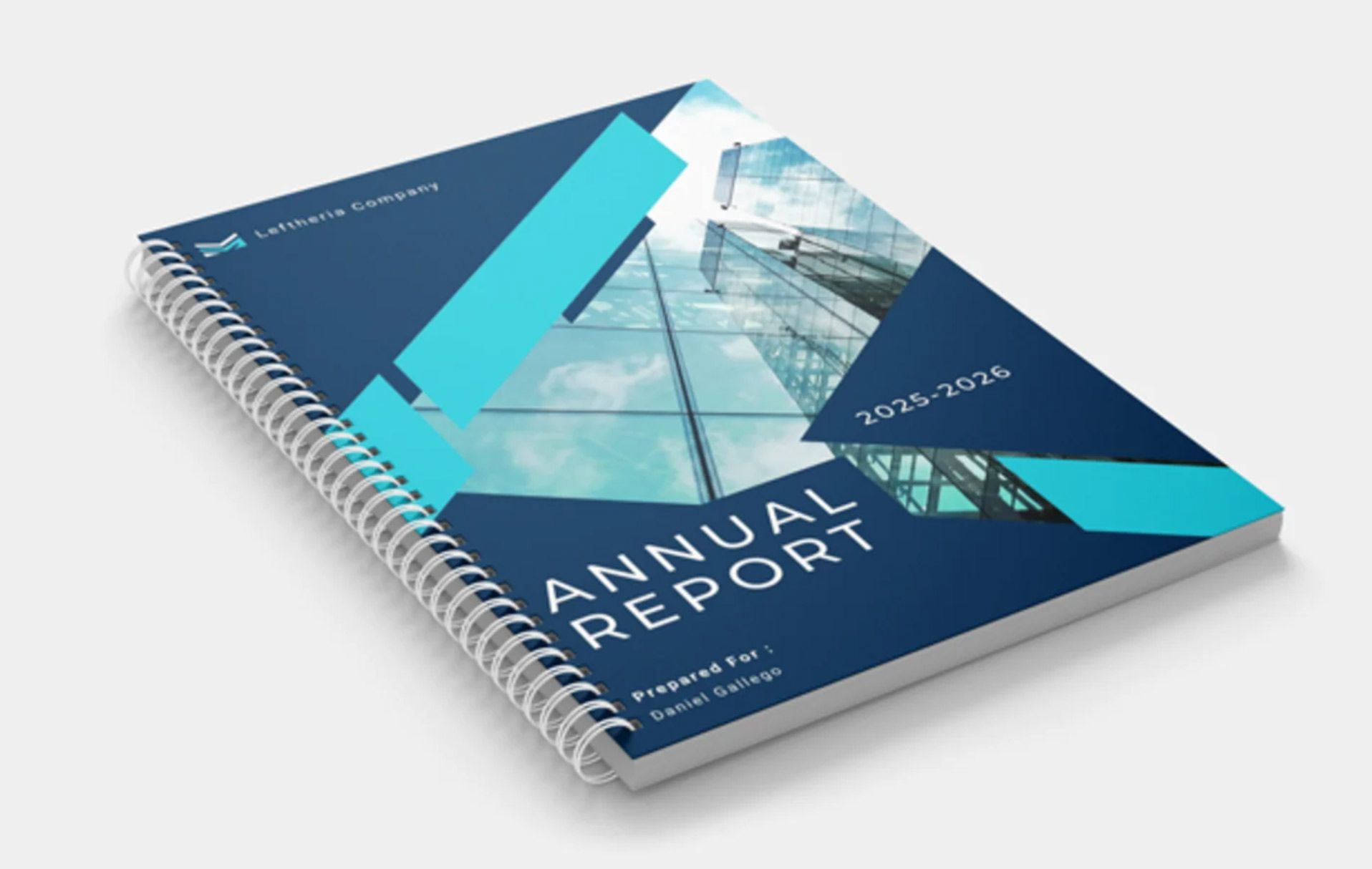 Annual report cover with architectural image and teal accents. Dark blue cover, wire bound.