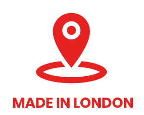 Red location pin over a red circle, text