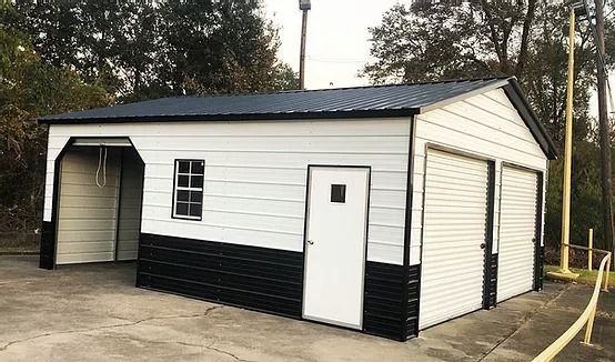 Two-tone white and black garage with open bay, door, window, and two garage doors. Black roof.