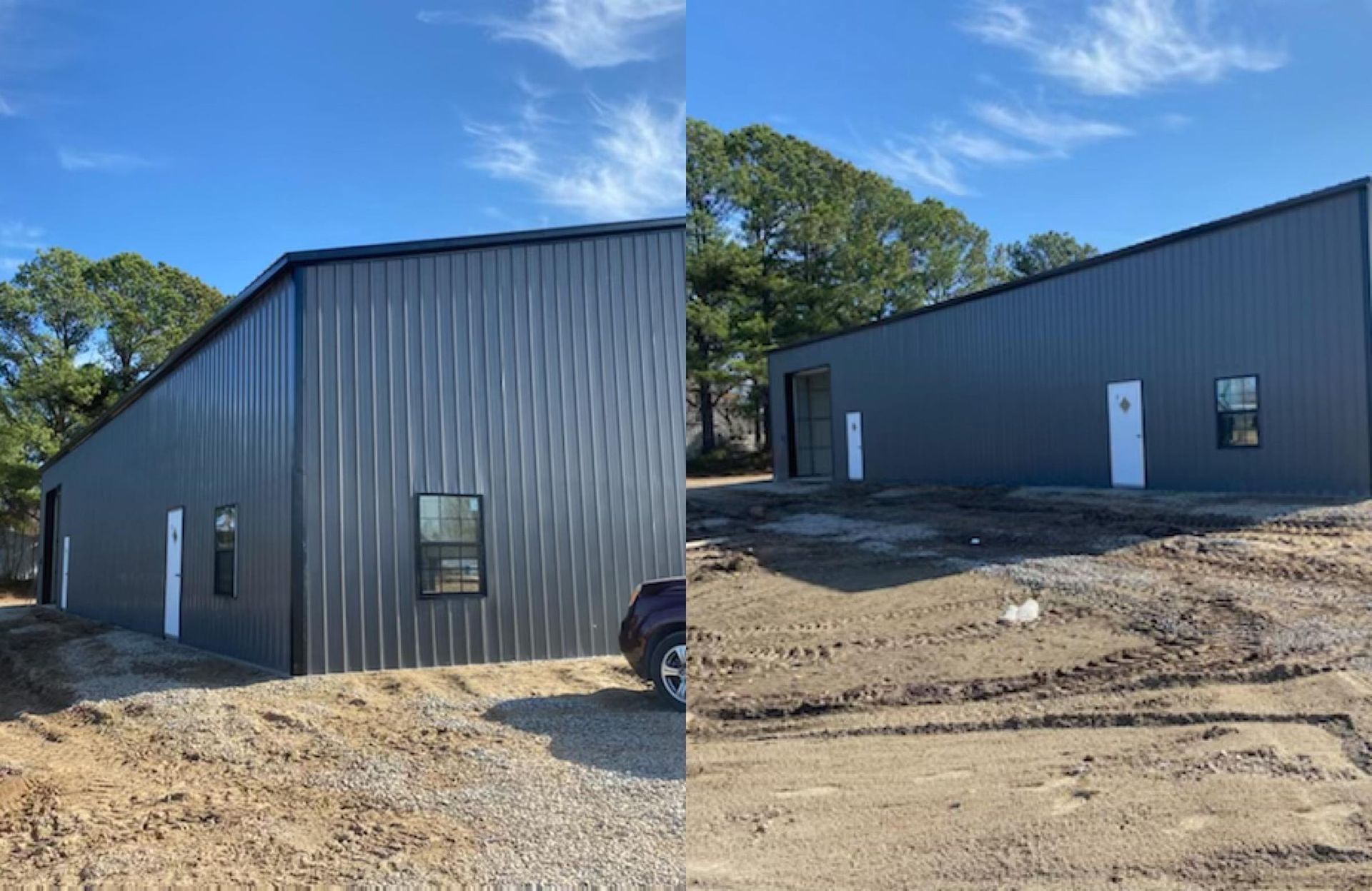 Dark gray metal building with windows and doors, sitting on a dirt lot, under a blue sky.