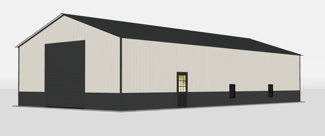 A large metal building with a black roof and base, and a tan facade.