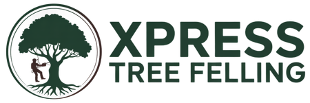The logo for xpress tree felling shows a man climbing a tree.