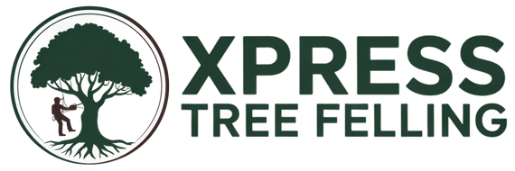 The logo for xpress tree felling shows a man climbing a tree.