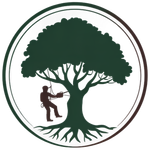 A logo for volks tree felling and landscaping with a tree and a chainsaw.