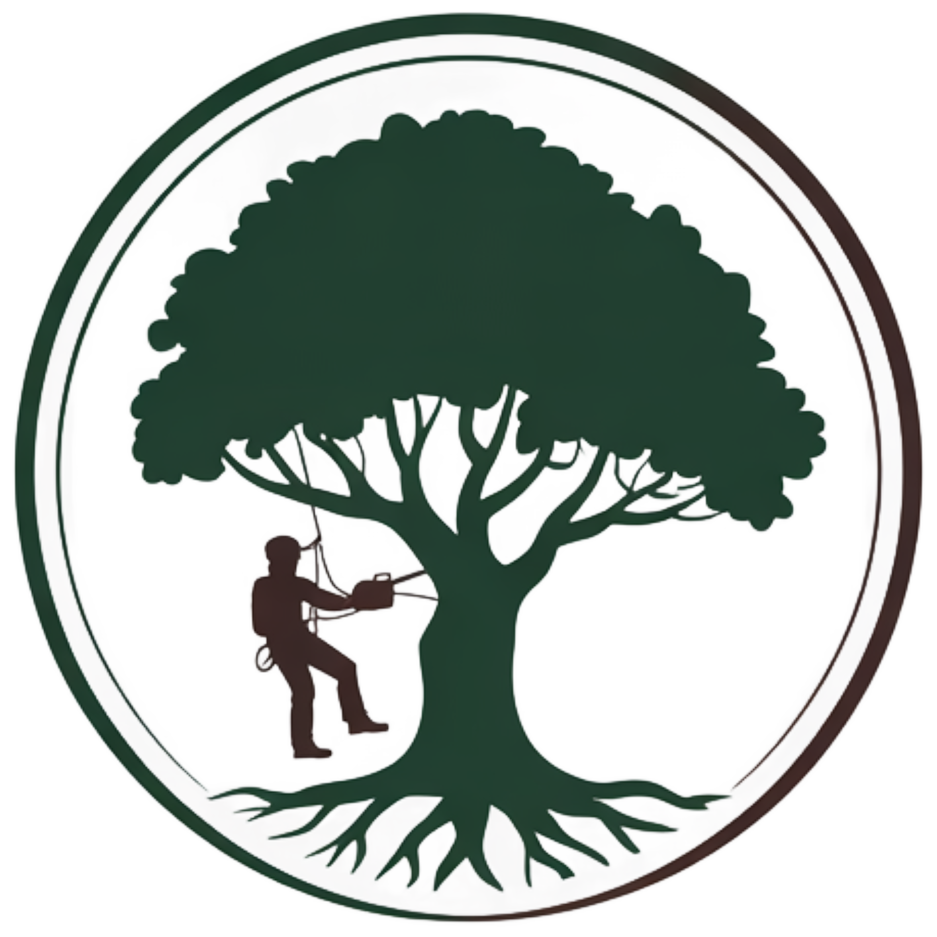 A logo for volks tree felling and landscaping with a tree and a chainsaw.