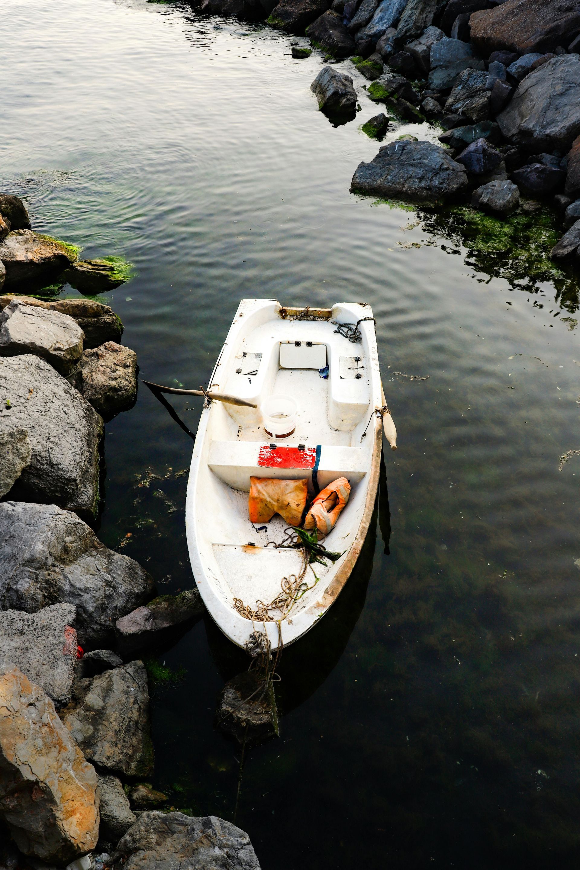 Small boat docked near shoreline