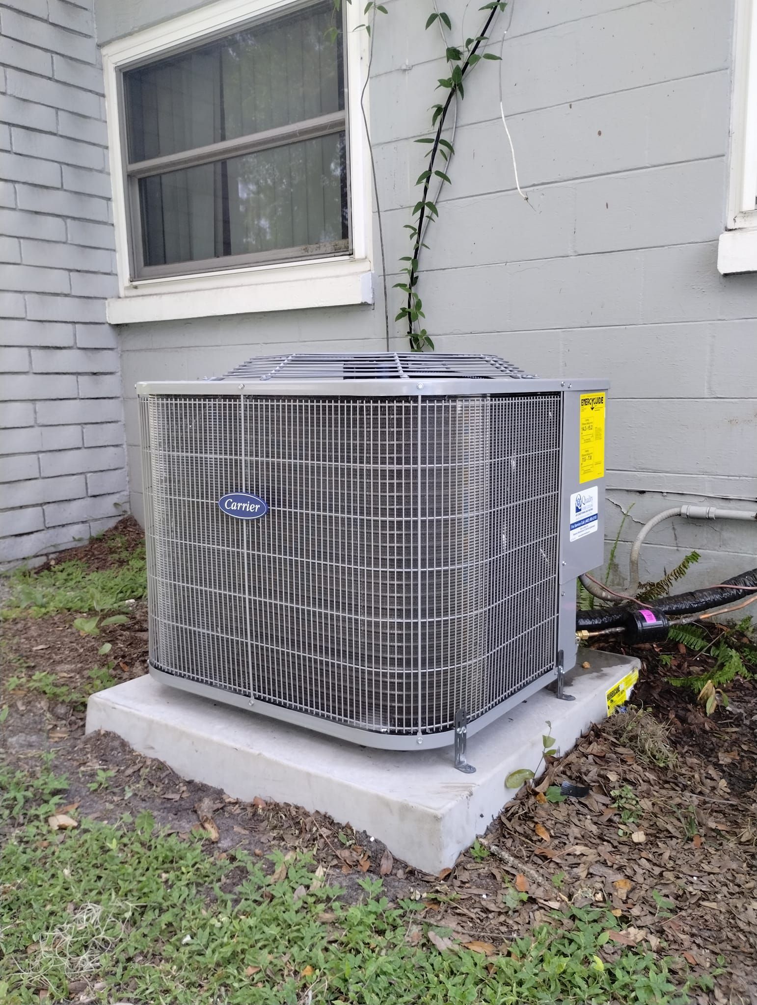 an air conditioner is sitting outside of a house next to a window .
