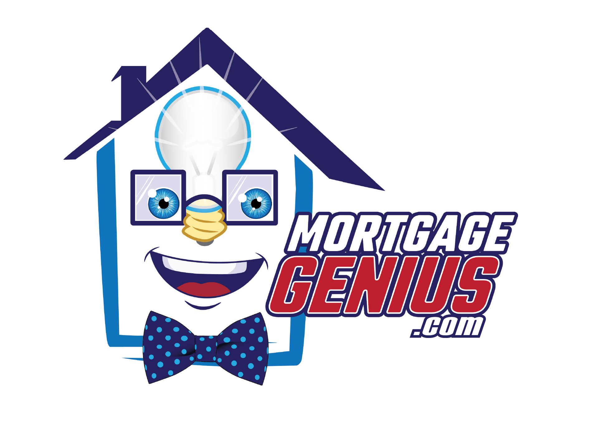 Mortgage Genius logo: Blue house cartoon with glasses, bow tie, and a lightbulb; text Mortgage Genius logo: Blue house cartoon with glasses, bow tie, and a lightbulb; text