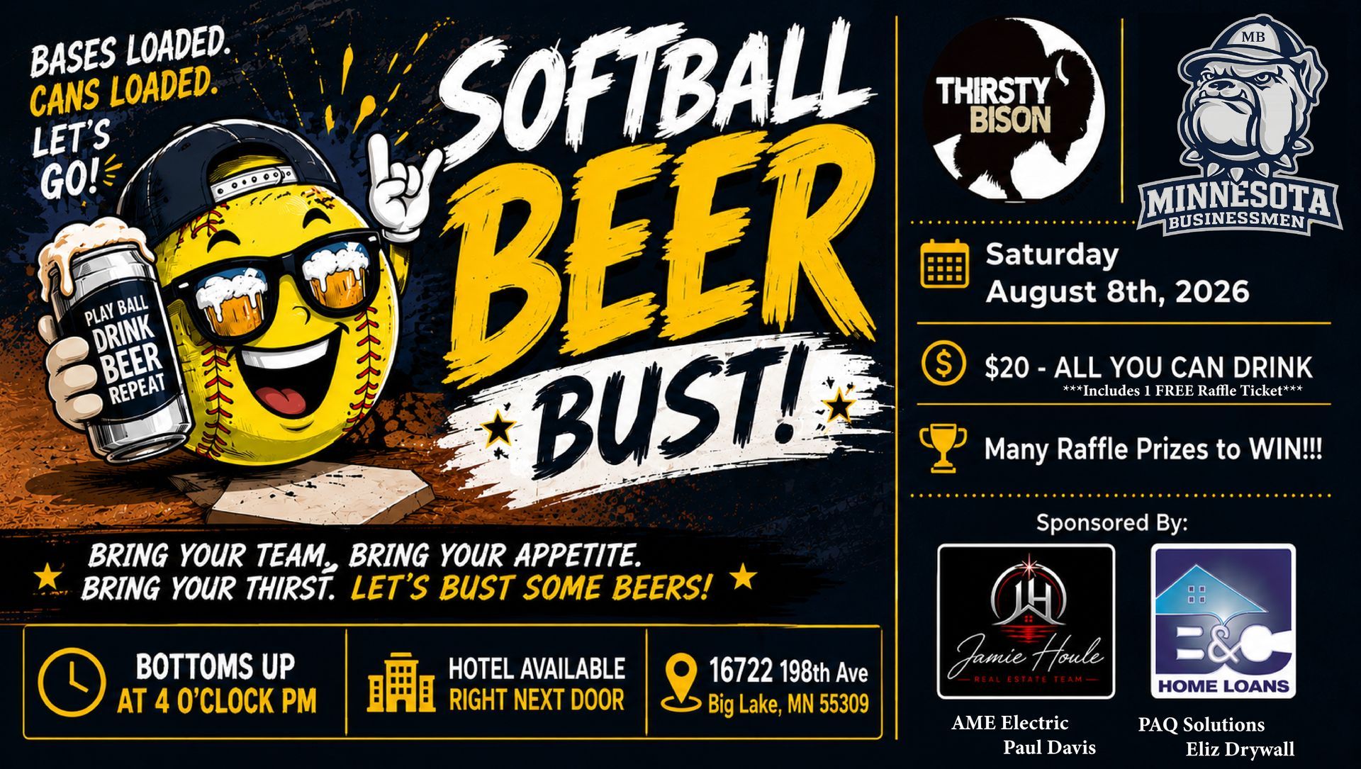 Softball Beer Bust flyer with smiling beer mugs, black-and-yellow design, date, time, and event details. Softball Beer Bust flyer with smiling beer mugs, black-and-yellow design, date, time, and event details.