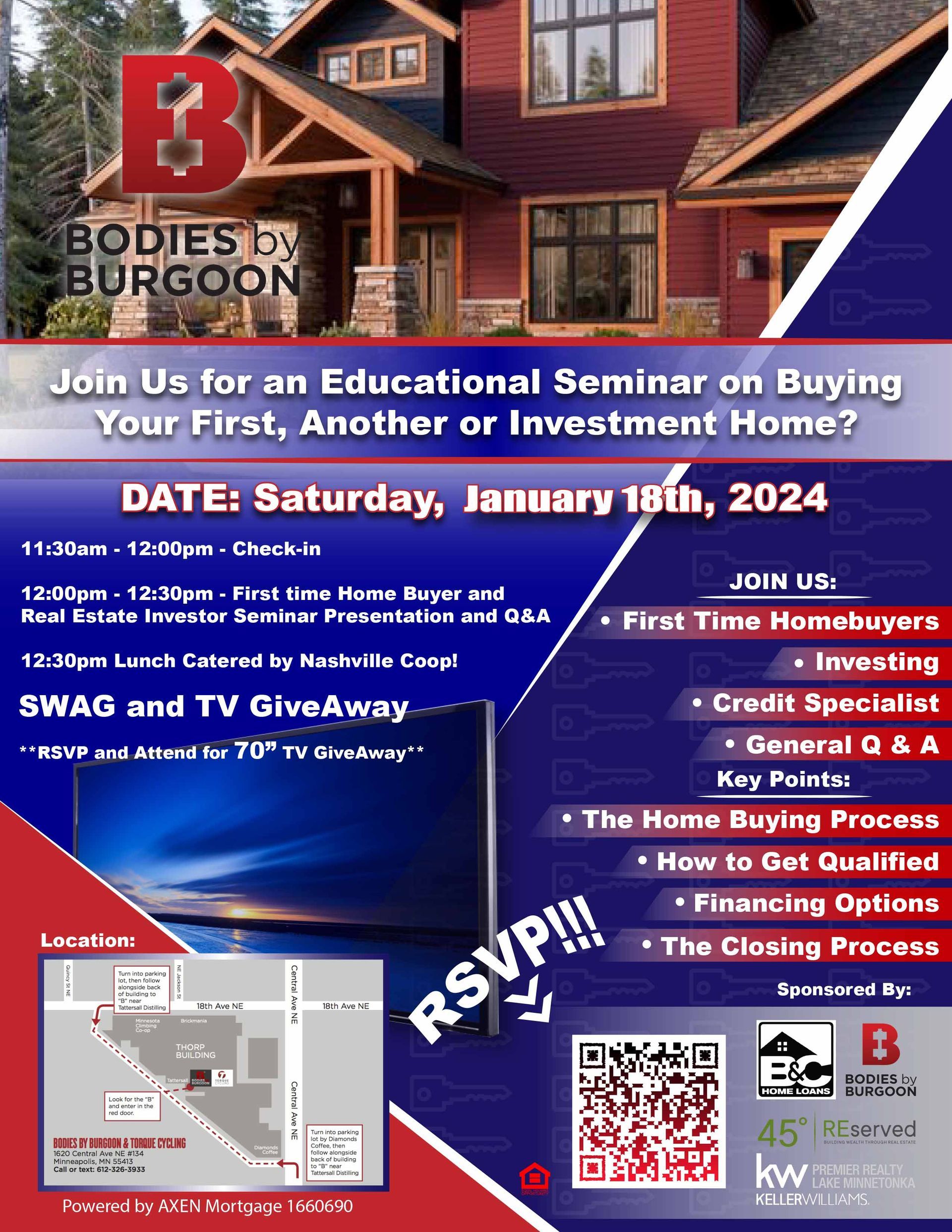 A poster for an educational seminar on buying your first , another or investment home.