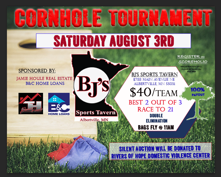 A poster for a cornhole tournament on saturday august 3rd