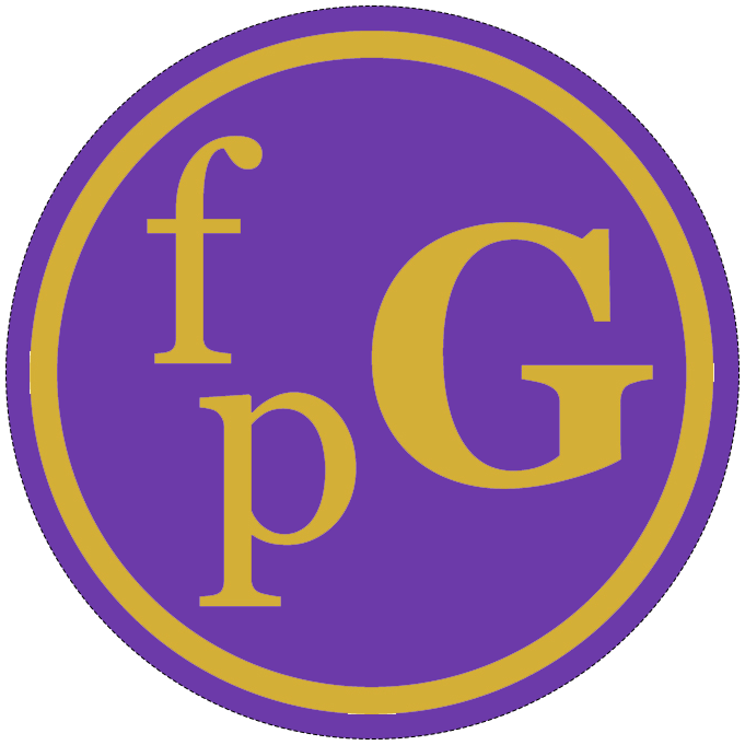 Purple circle with gold border, featuring gold letters 