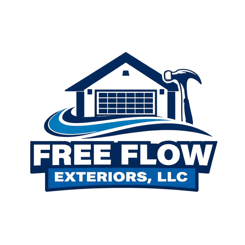 Logo for Free Flow Exteriors, LLC featuring a house silhouette, a hammer, and blue swooshes on a white background.