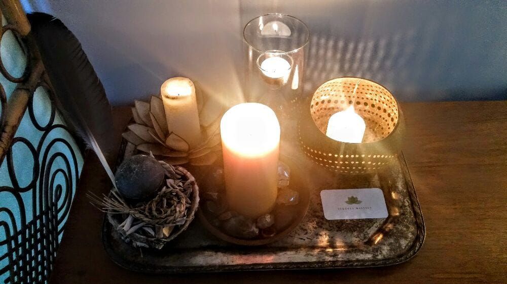 Three Lit Candles Are on a Tray on a Table