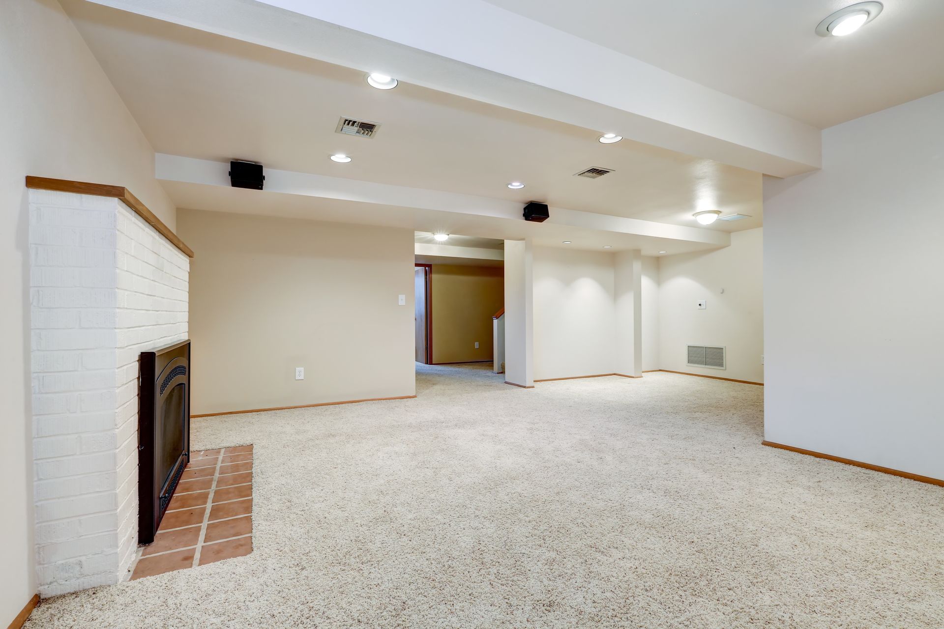 Empty basement room with white walls, beige carpet, and a fireplace.