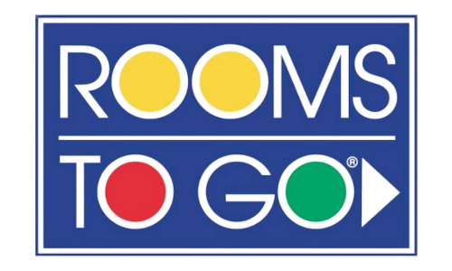 The rooms to go logo is a blue sign with a yellow circle in the middle.