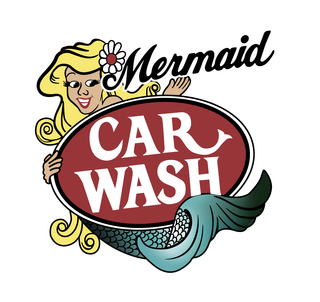 A mermaid car wash logo with a mermaid on it