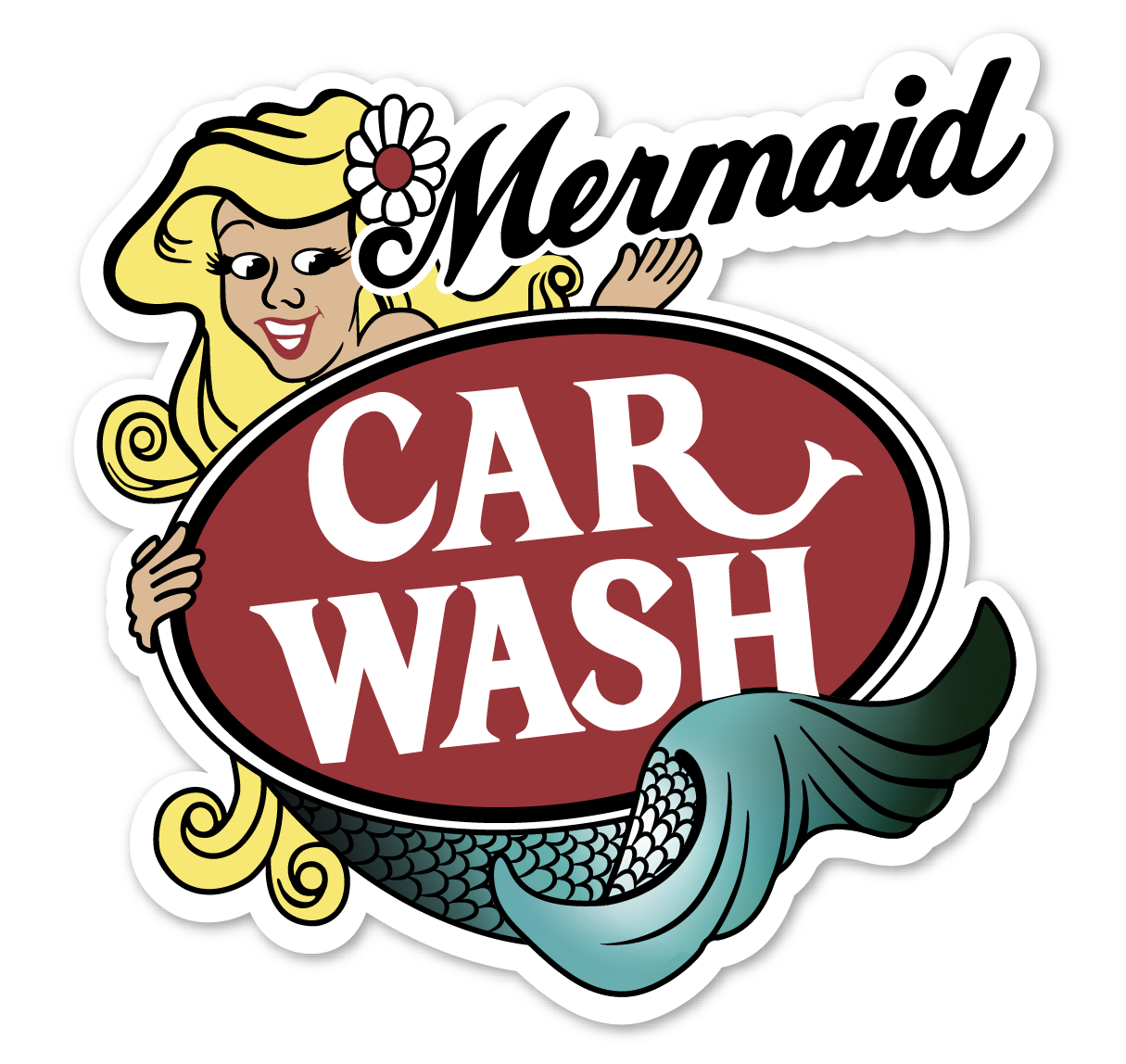 A mermaid car wash logo with a mermaid tail