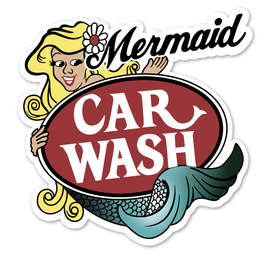 A mermaid car wash logo with a mermaid tail