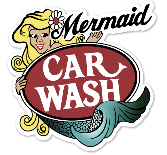 A mermaid car wash logo with a mermaid on it