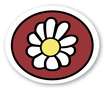 A white flower with a yellow center is in a red circle.