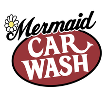 A logo for a mermaid car wash with a flower on it