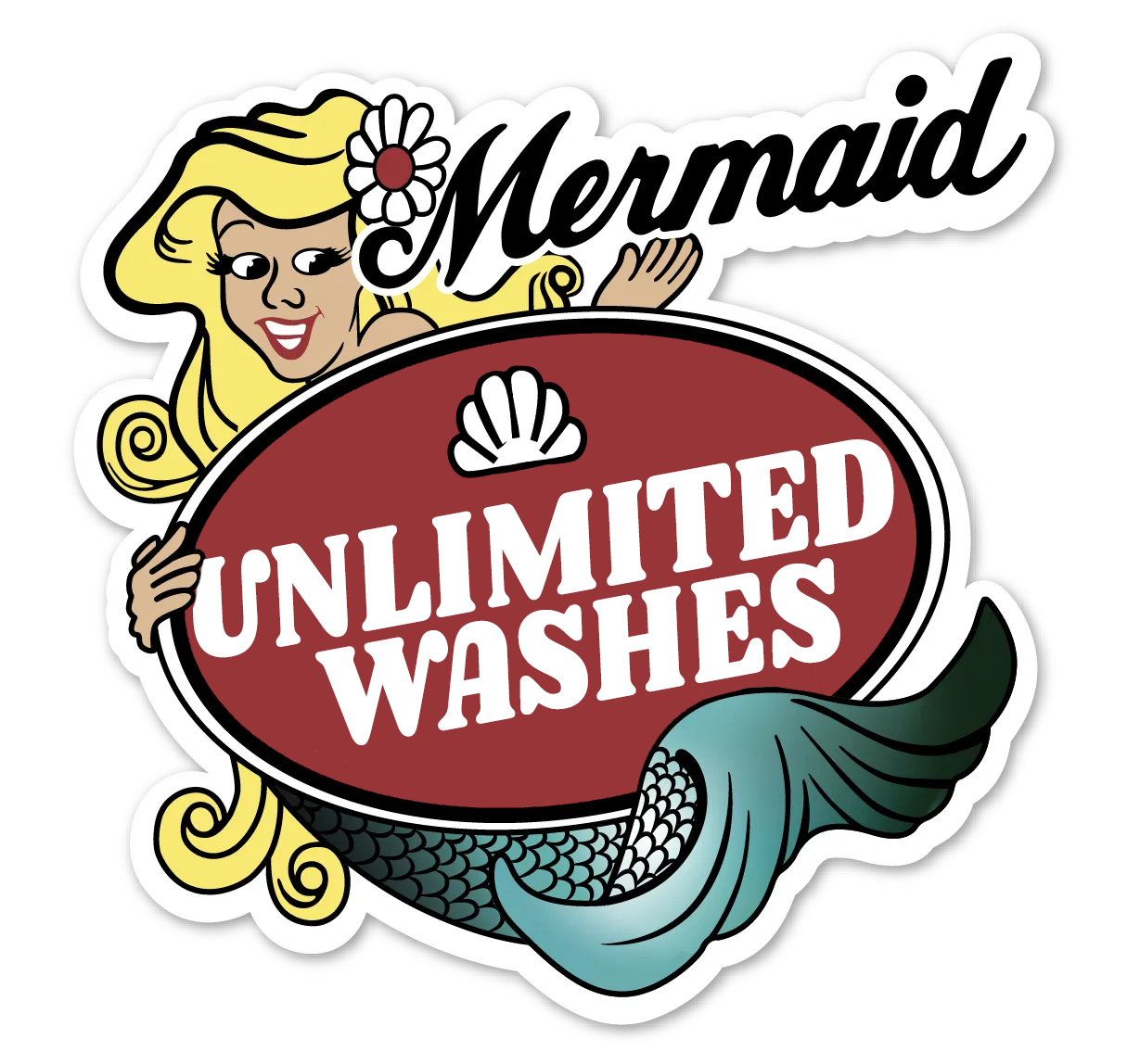 A sticker that says mermaid unlimited washes