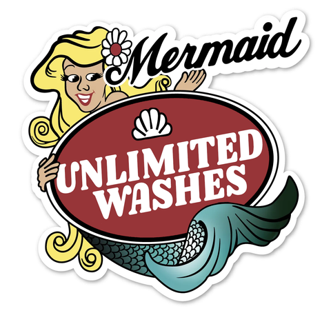 A sticker that says mermaid unlimited washes