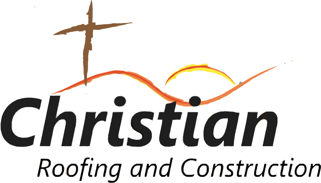 The logo for christian roofing and construction has a cross on it.