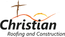 The logo for christian roofing and construction has a cross on it.