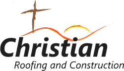The logo for christian roofing and construction has a cross on it.