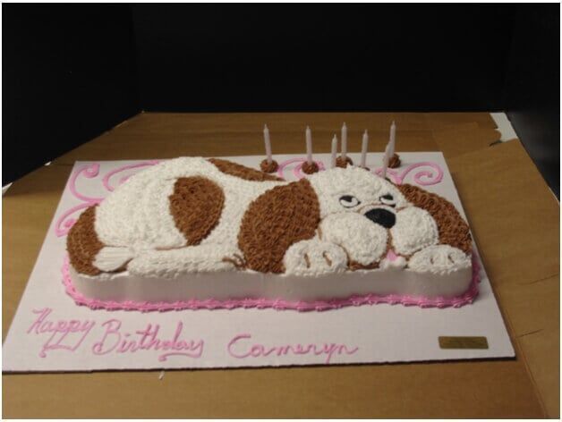 Dog-shaped birthday cake with white and brown frosting, pink border, and candles on a board that reads 