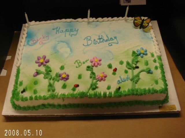Birthday cake decorated with flowers, butterflies, and the words 