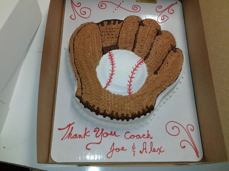 Baseball glove cake with baseball, text reads 