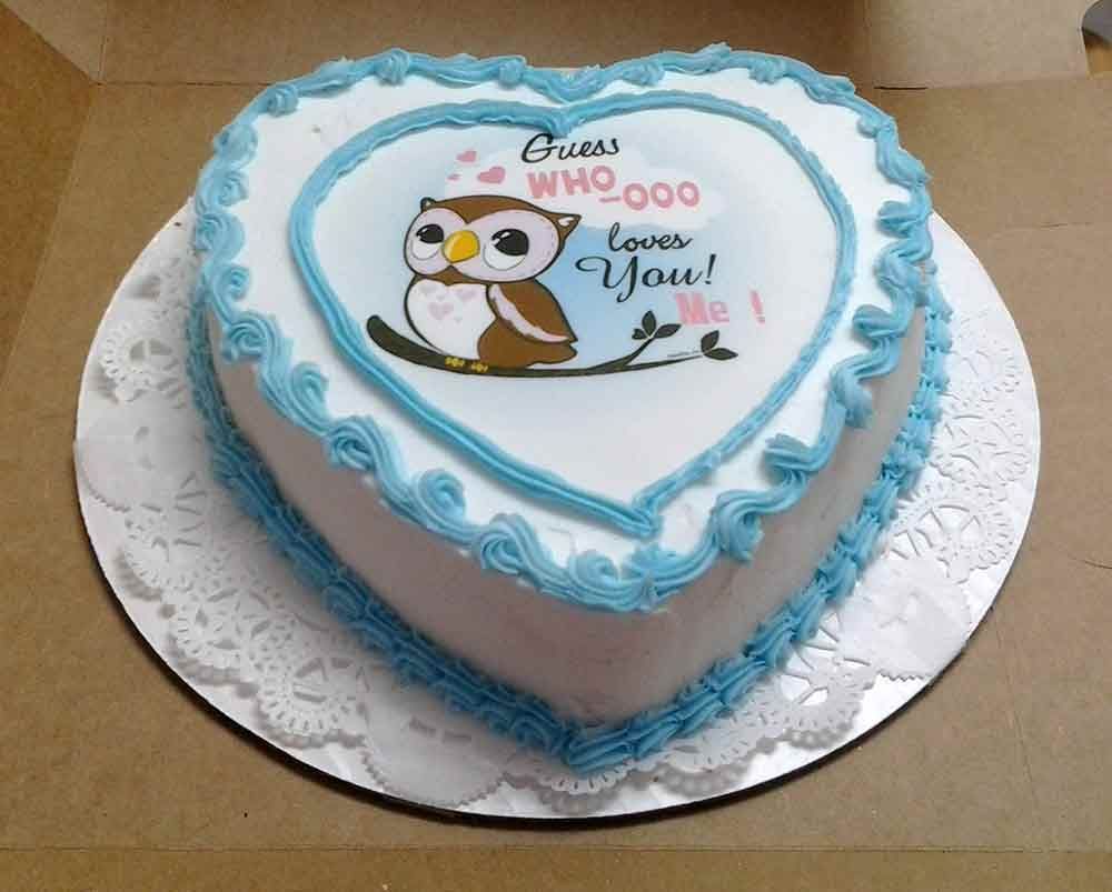 Heart-shaped cake with blue frosting. Owl graphic with text 