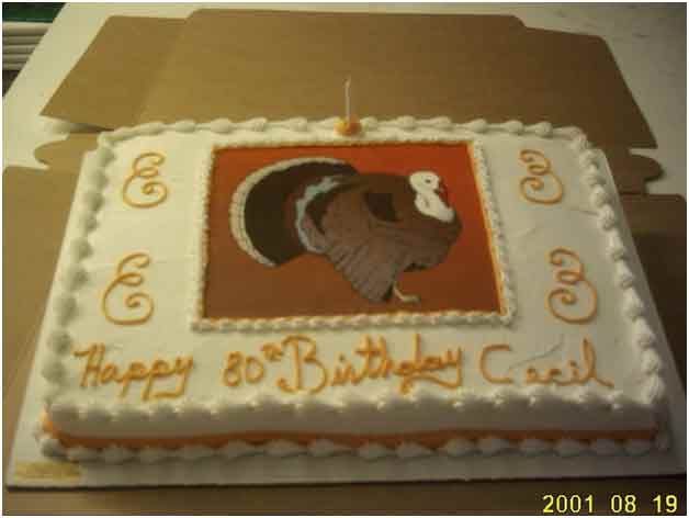 Birthday cake decorated with a turkey image and 