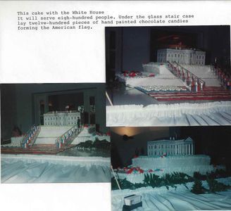 Cake shaped like the White House, serving eight hundred people with an American flag made of chocolate candies.