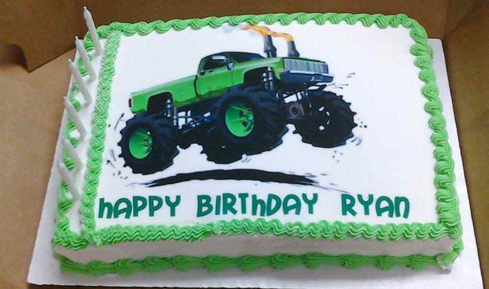 Birthday cake with a green monster truck graphic that says 
