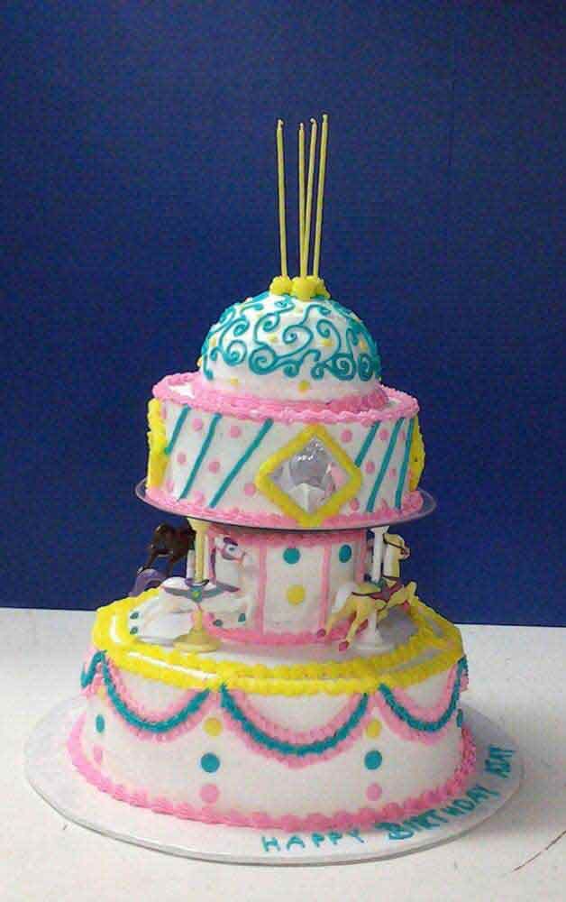 Three-tiered birthday cake, pastel colors, decorated with frosting, and topped with candles.