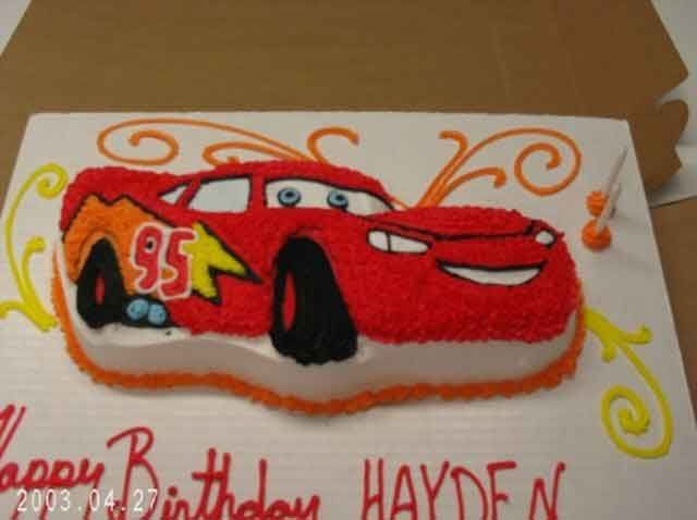 Lightning McQueen cake with red frosting, 