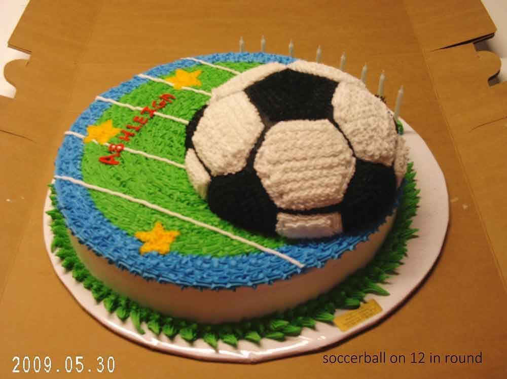 Soccer ball cake on a green and blue field with candles and 