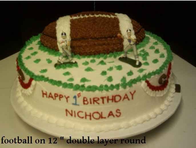 Football-themed birthday cake with a football on top, figures, and 