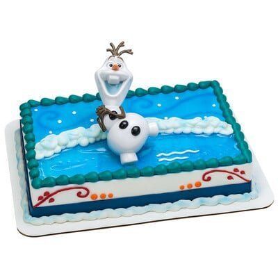 Olaf cake with blue frosting, white clouds, and decorative accents.