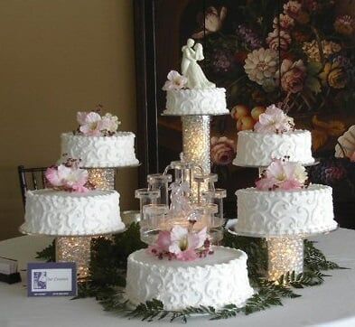 Wedding cake display with multiple tiers, topped with flowers and figurines on a table.