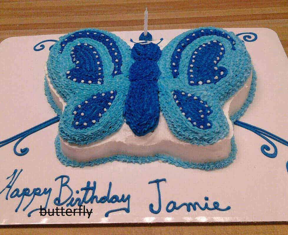 Butterfly-shaped birthday cake with blue and light blue frosting, white accents, and a candle. 