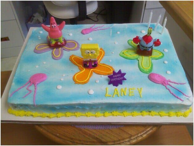 Spongebob Squarepants birthday cake with characters, jellyfish, and name 